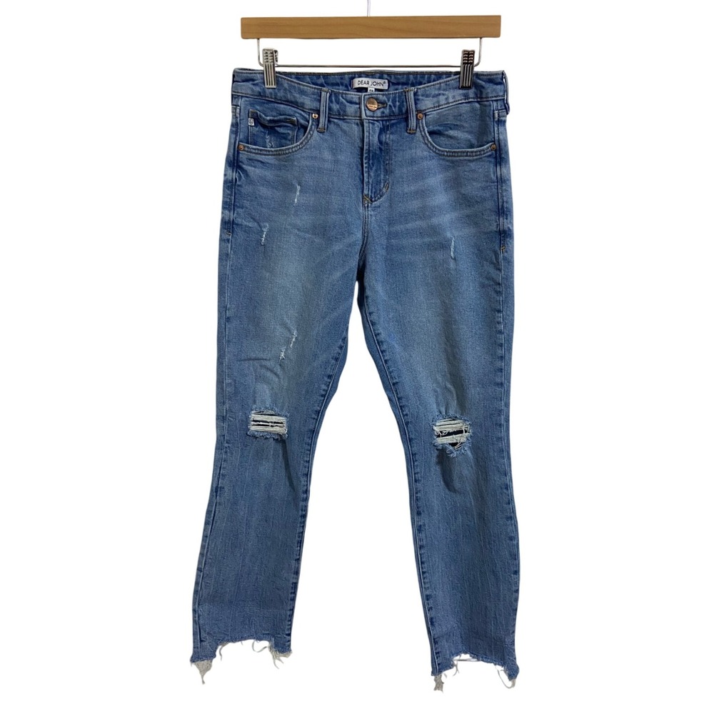 Dear John Jeans Women's Mid Rise Distressed Light Wash Denim Frayed Hem Size 29